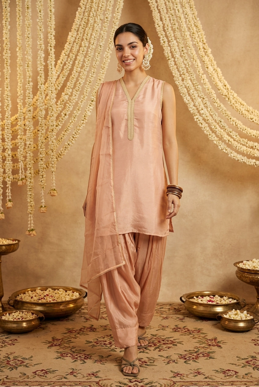 Dusty Peach Tissue V-Neck Farshi Kurta With Salwar Dupatta Set For Women