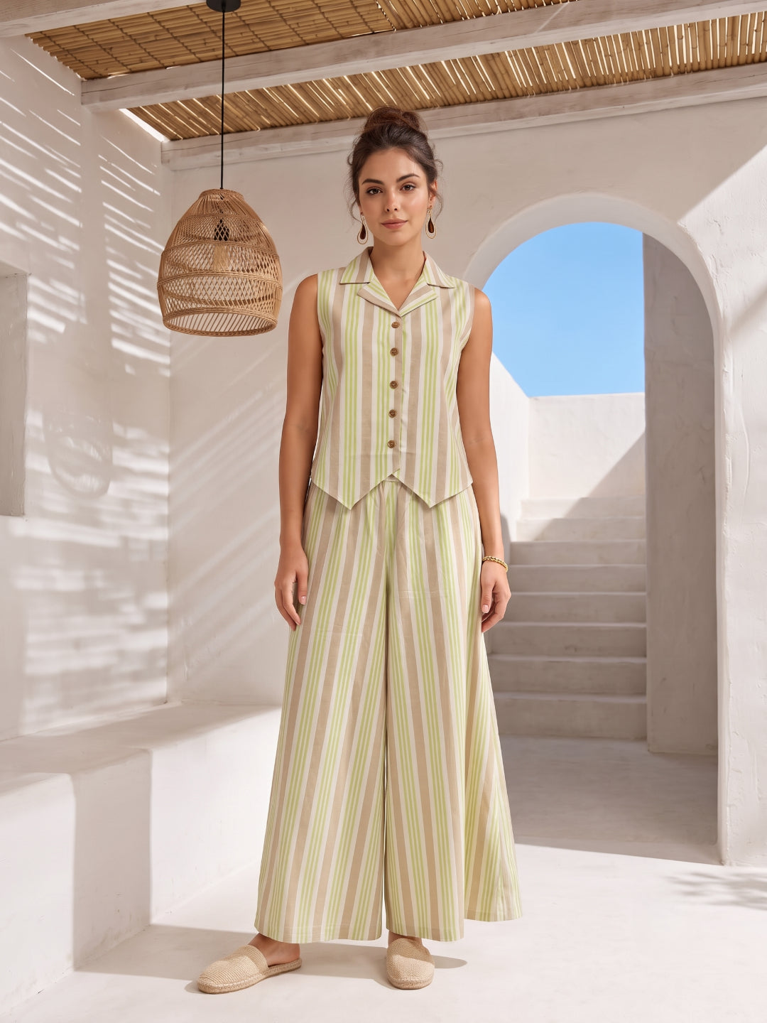 Green Lapel Collar Stripes Print Pure Cotton Co-Ord Set For Women