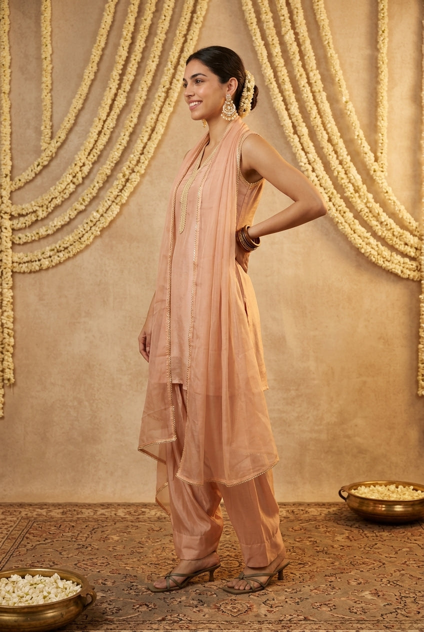 Dusty Peach Tissue V-Neck Farshi Kurta With Salwar Dupatta Set For Women