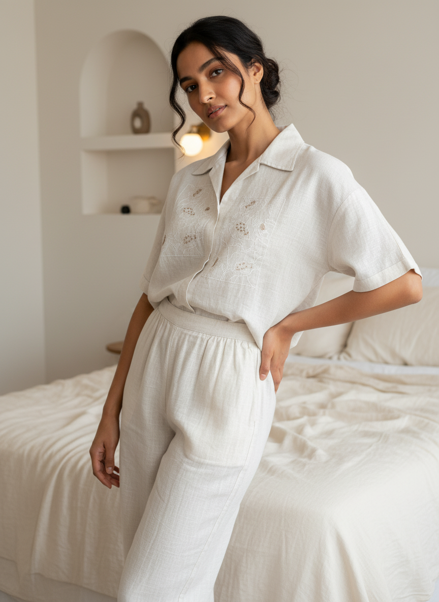 Grey Embroidered Shirt Collar Pure Cotton Night Suit Set for Women