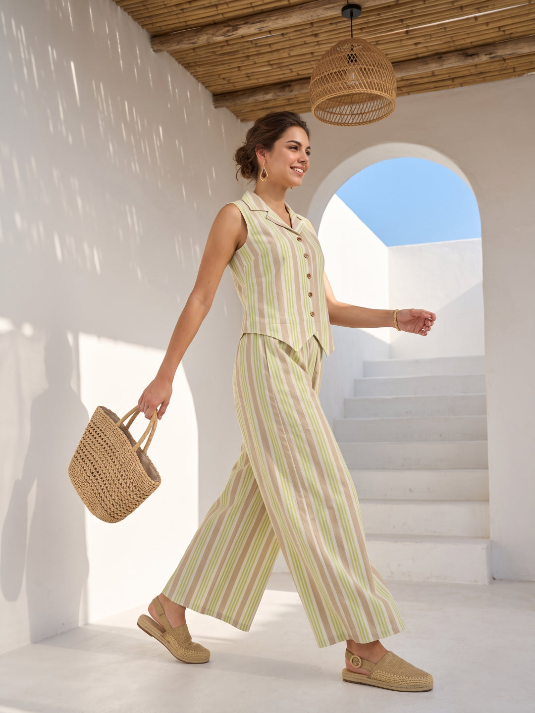 Green Lapel Collar Stripes Print Pure Cotton Co-Ord Set For Women