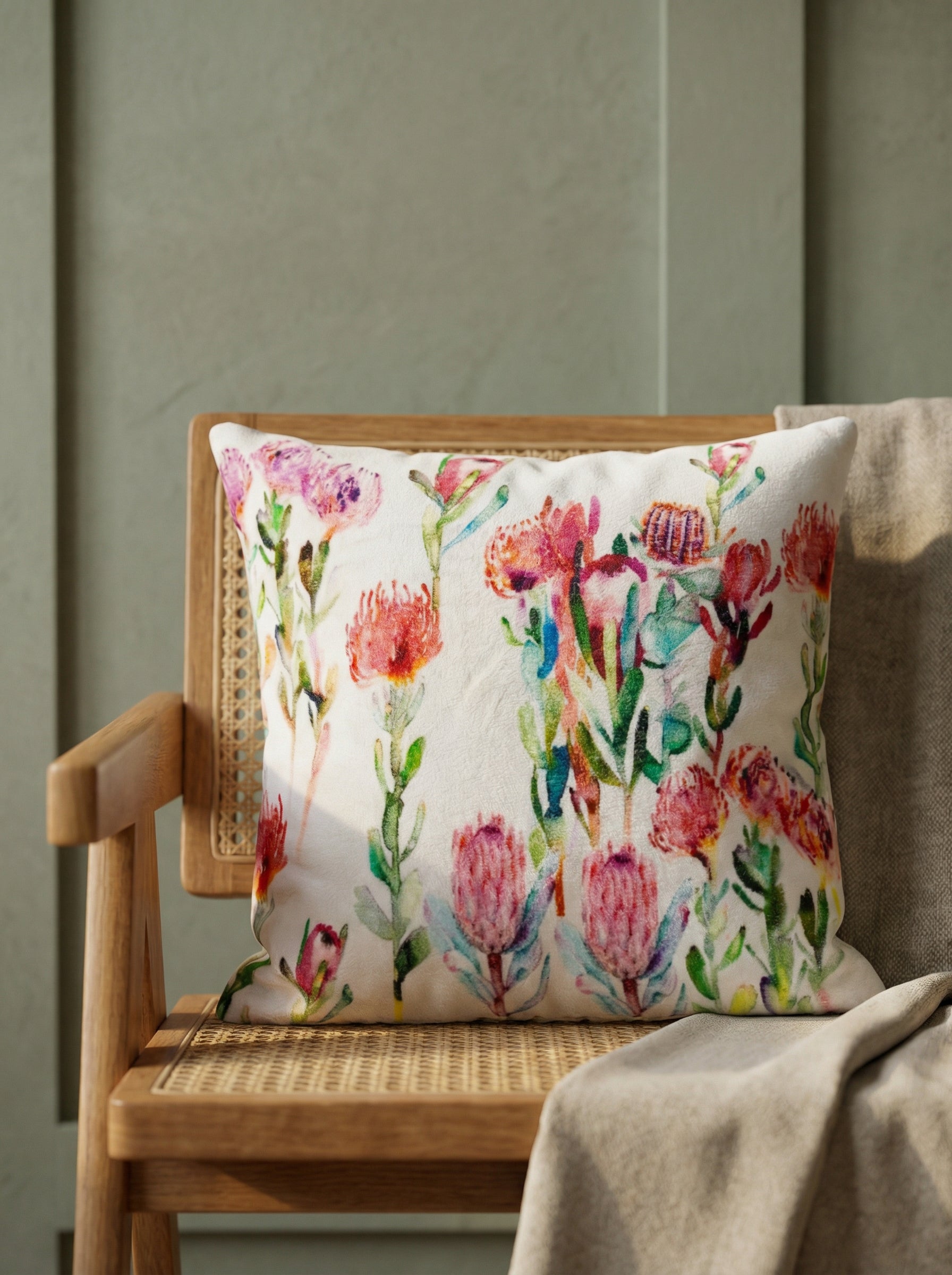 White Floral Print Squared Velvet Durable Cushion Cover