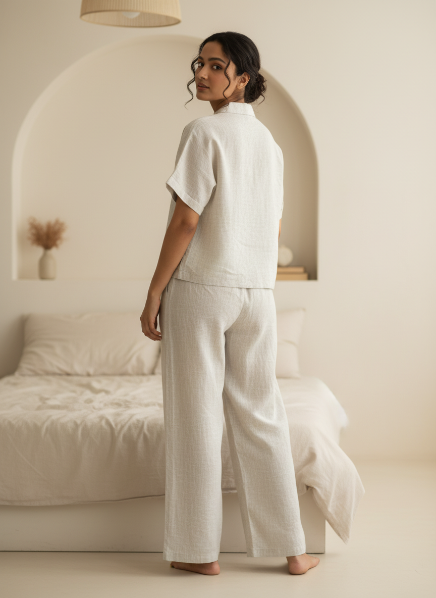 Grey Embroidered Shirt Collar Pure Cotton Night Suit Set for Women