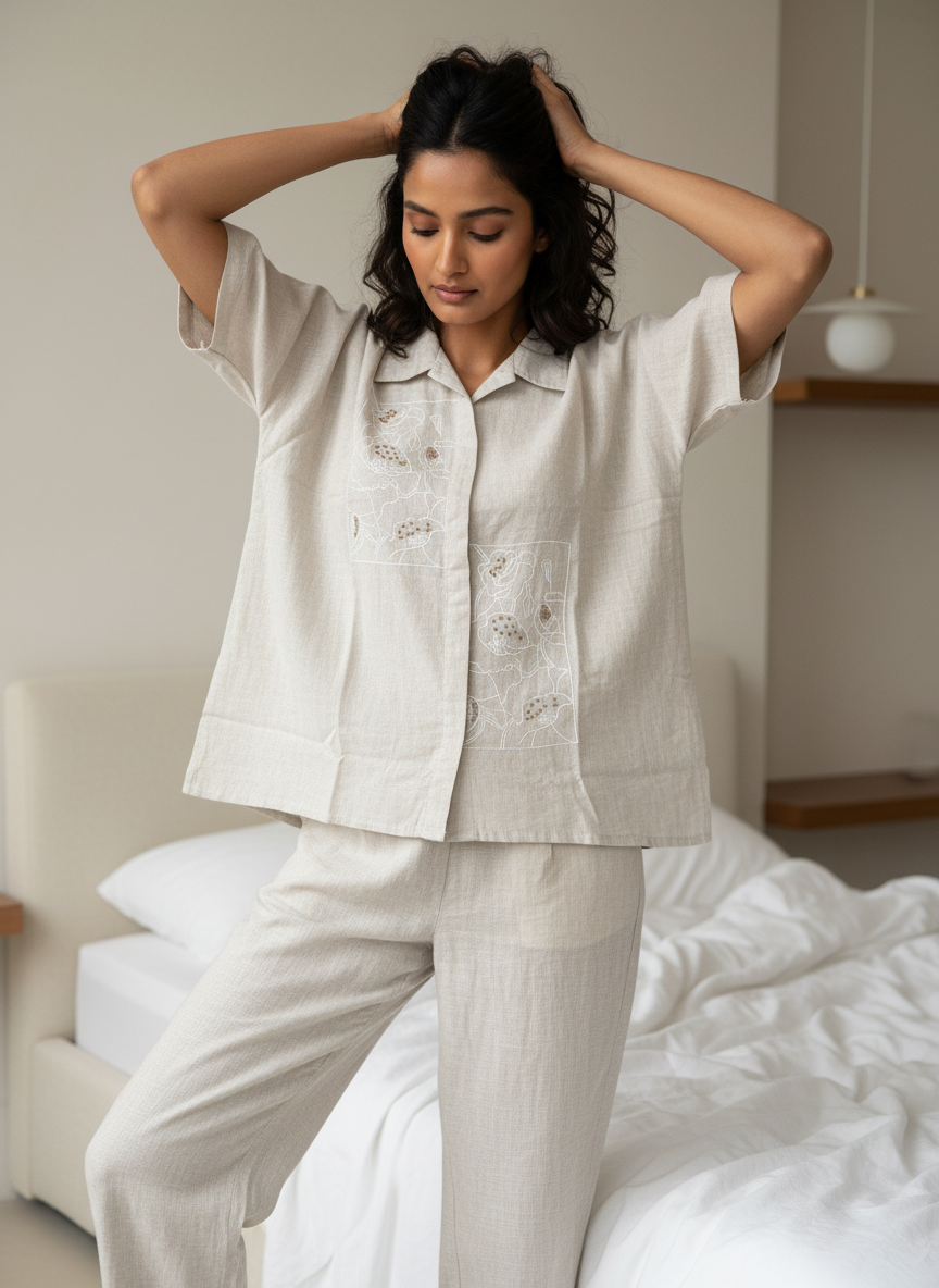 Grey Embroidered Shirt Collar Pure Cotton Night Suit Set for Women