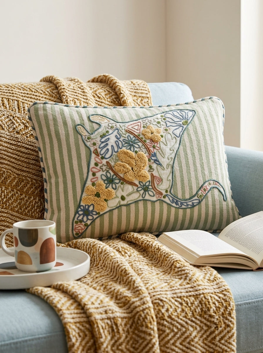 Olive Cotton Nautical Embroidered Rectangular Cushion Cover