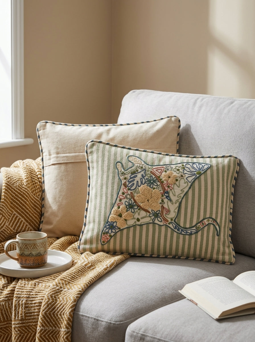 Olive Cotton Nautical Embroidered Rectangular Cushion Cover