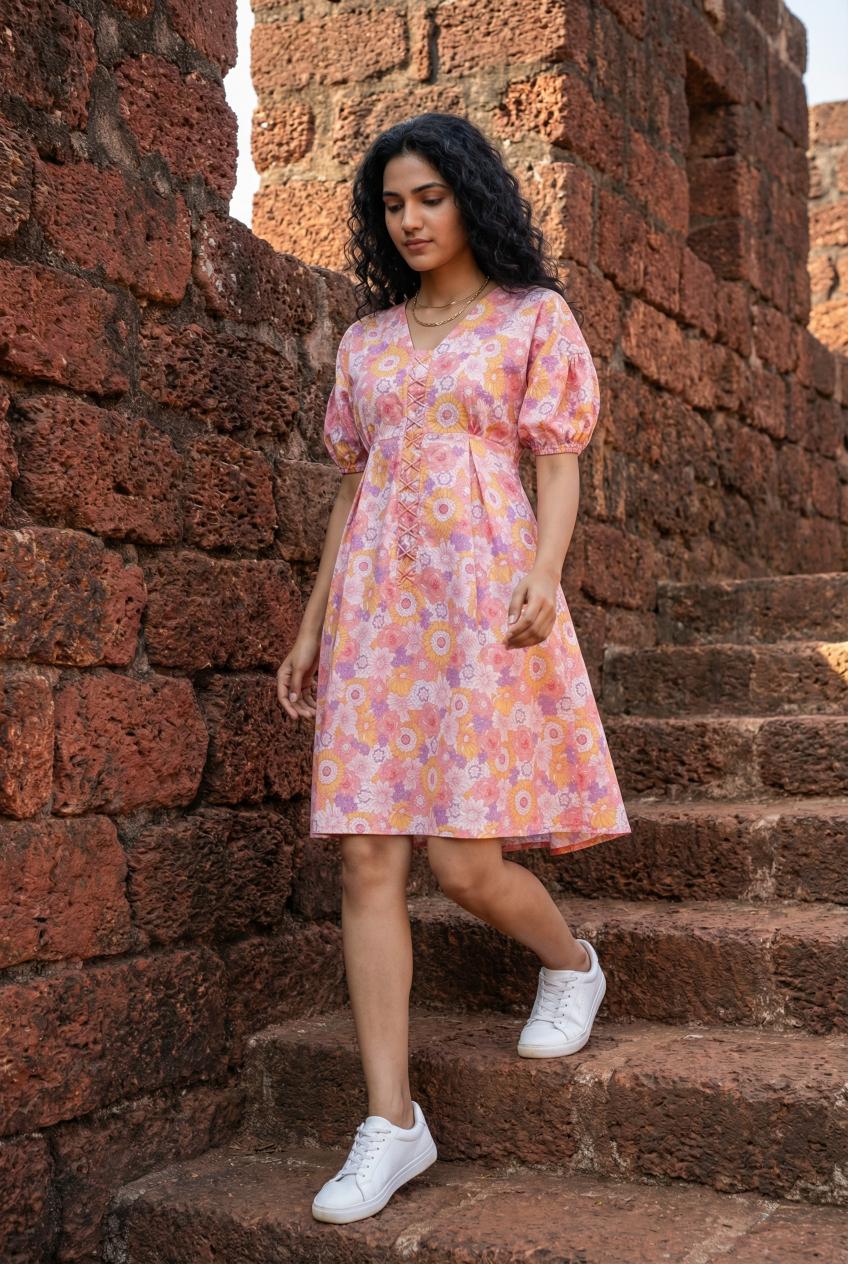 Pink V-Neck Floral Printed Puff Sleeves Cotton A-Line Dress For Women