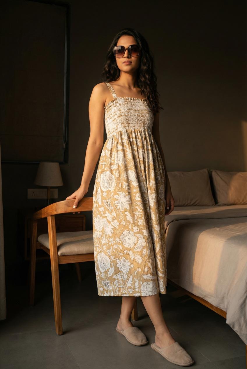 Tan Floral Print Square Neck Cotton Dress For Women