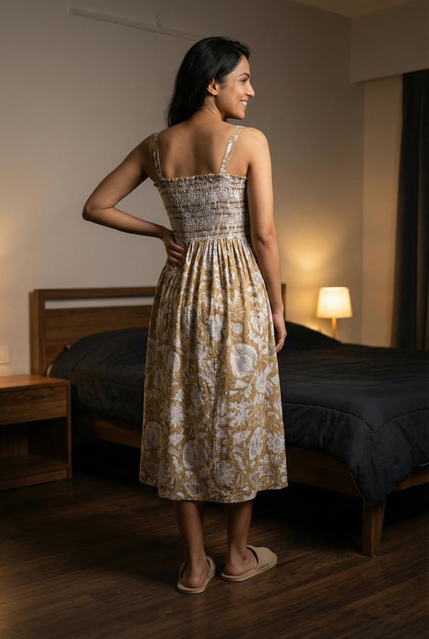 Tan Floral Print Square Neck Cotton Dress For Women