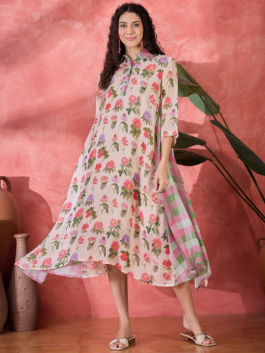 Pink Floral Printed Cotton Dress for Women
