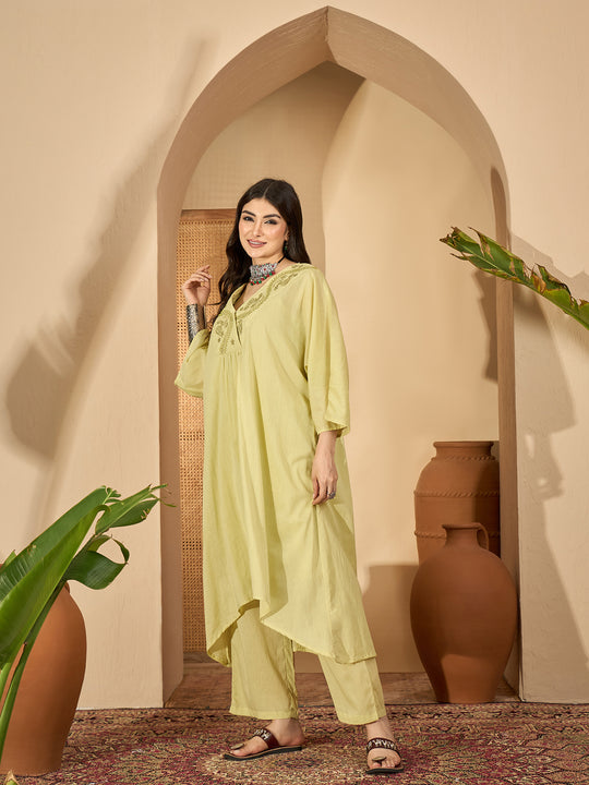 Lime Green V-Neck Pure Cotton Co-ords Set for Women