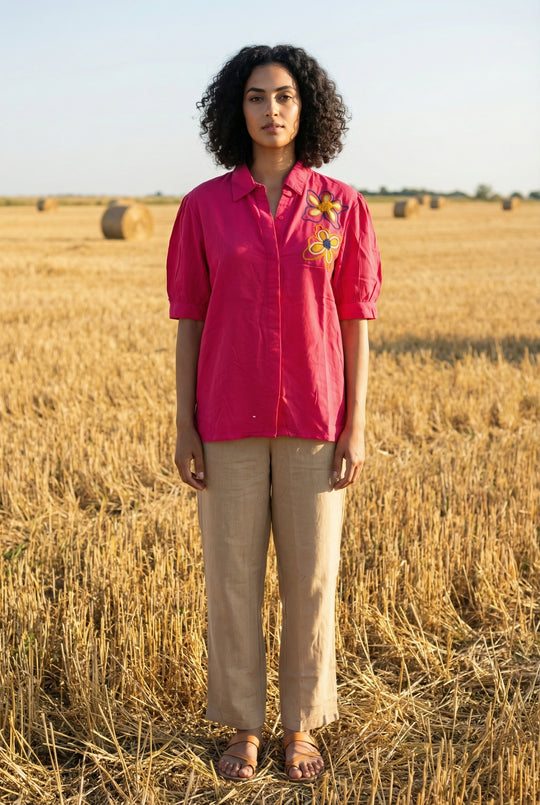 Pink Solid Shirt Collar Short Sleeve Co-ord Set for Women