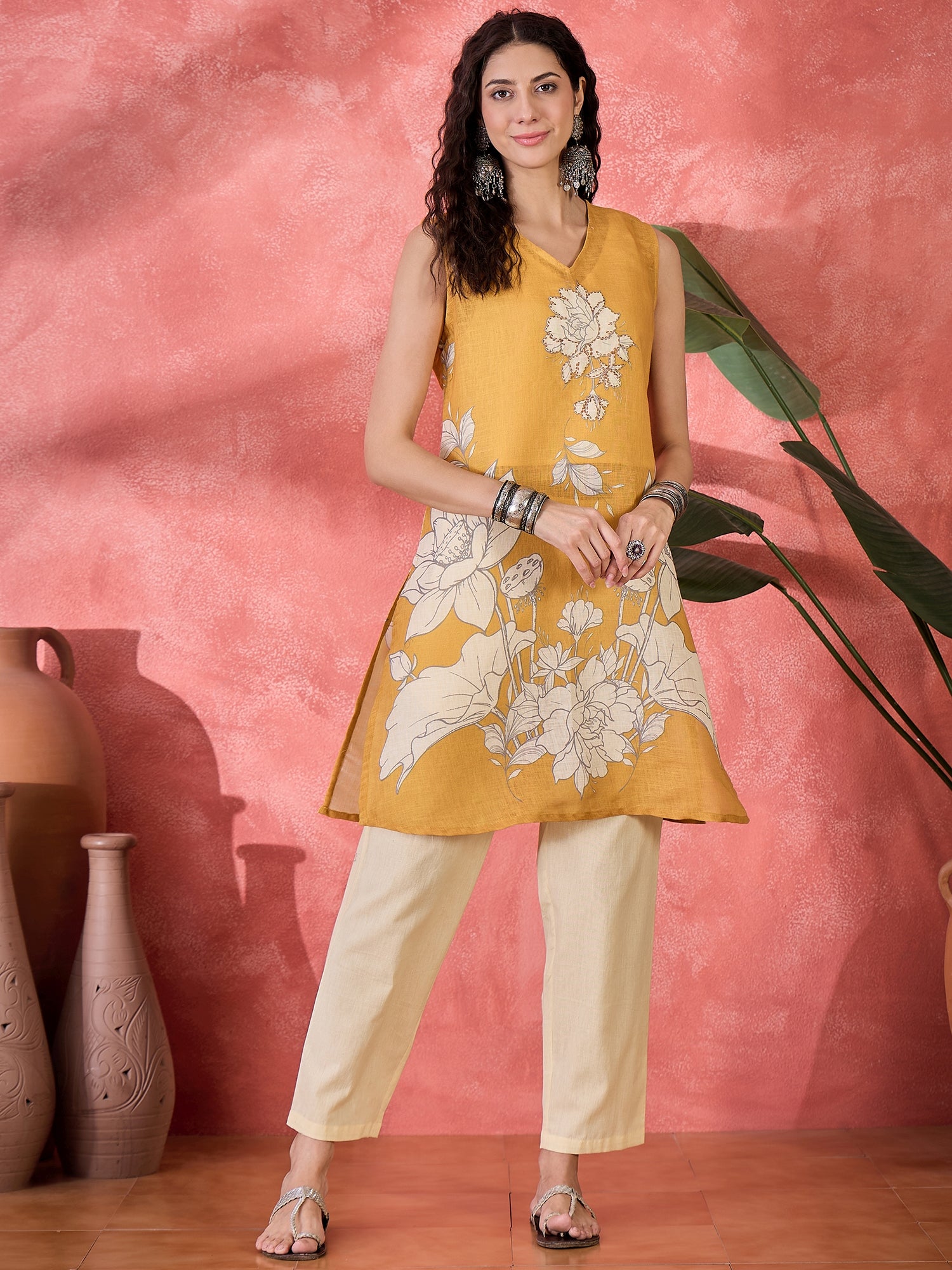 Mustard Floral Printed V-Neck Cotton Co-Ord Set for Women
