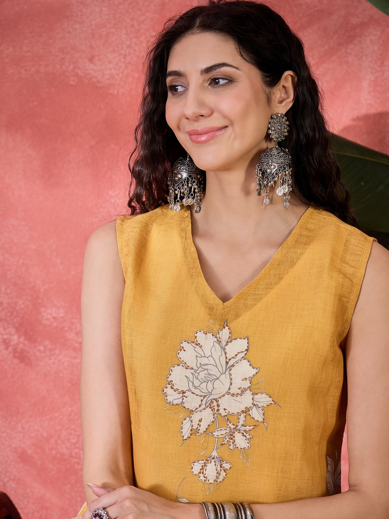 Mustard Floral Printed V-Neck Cotton Co-Ord Set for Women