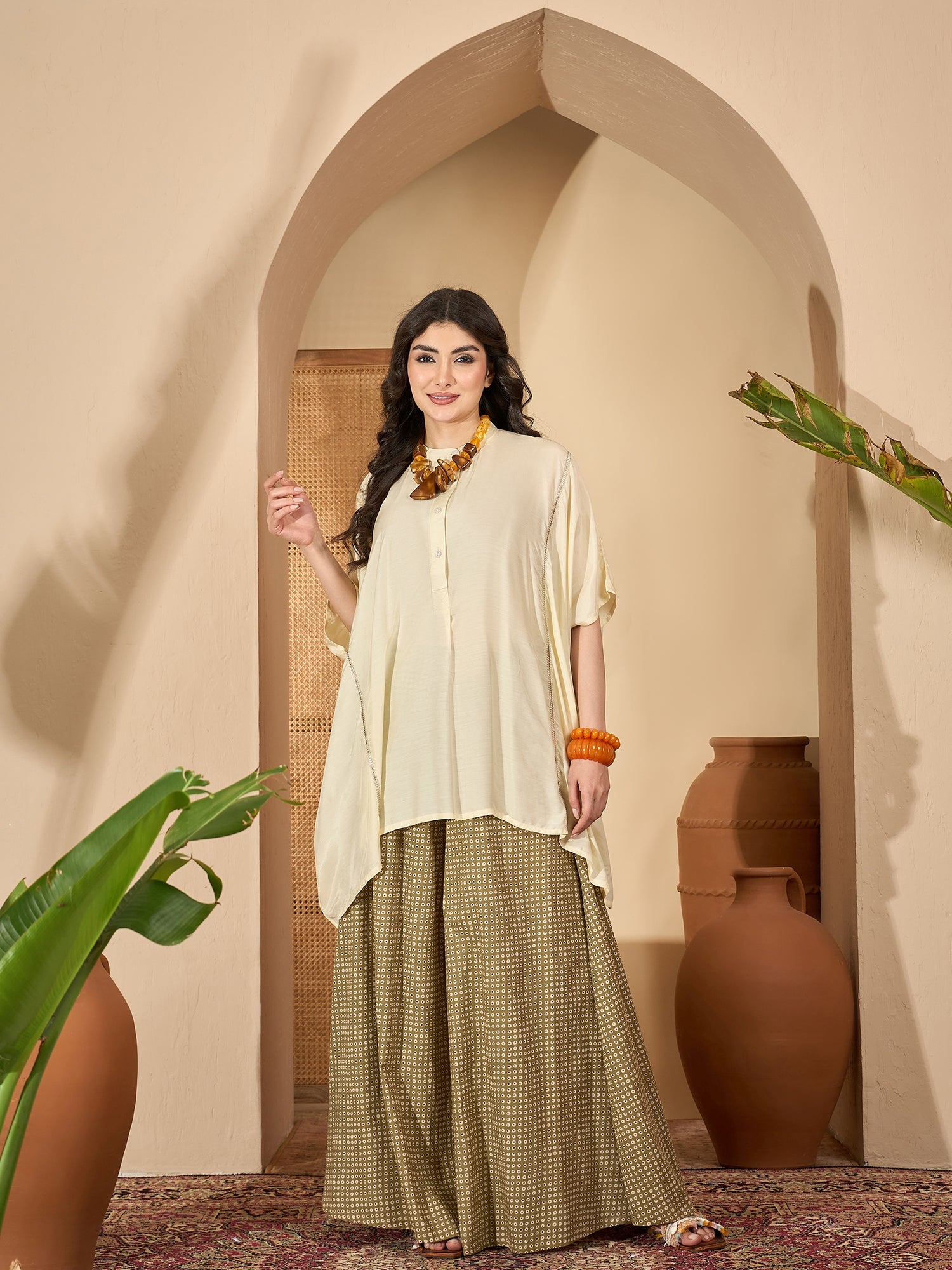 Cream Round Neck Viscose Rayon Co-ords Set for Women