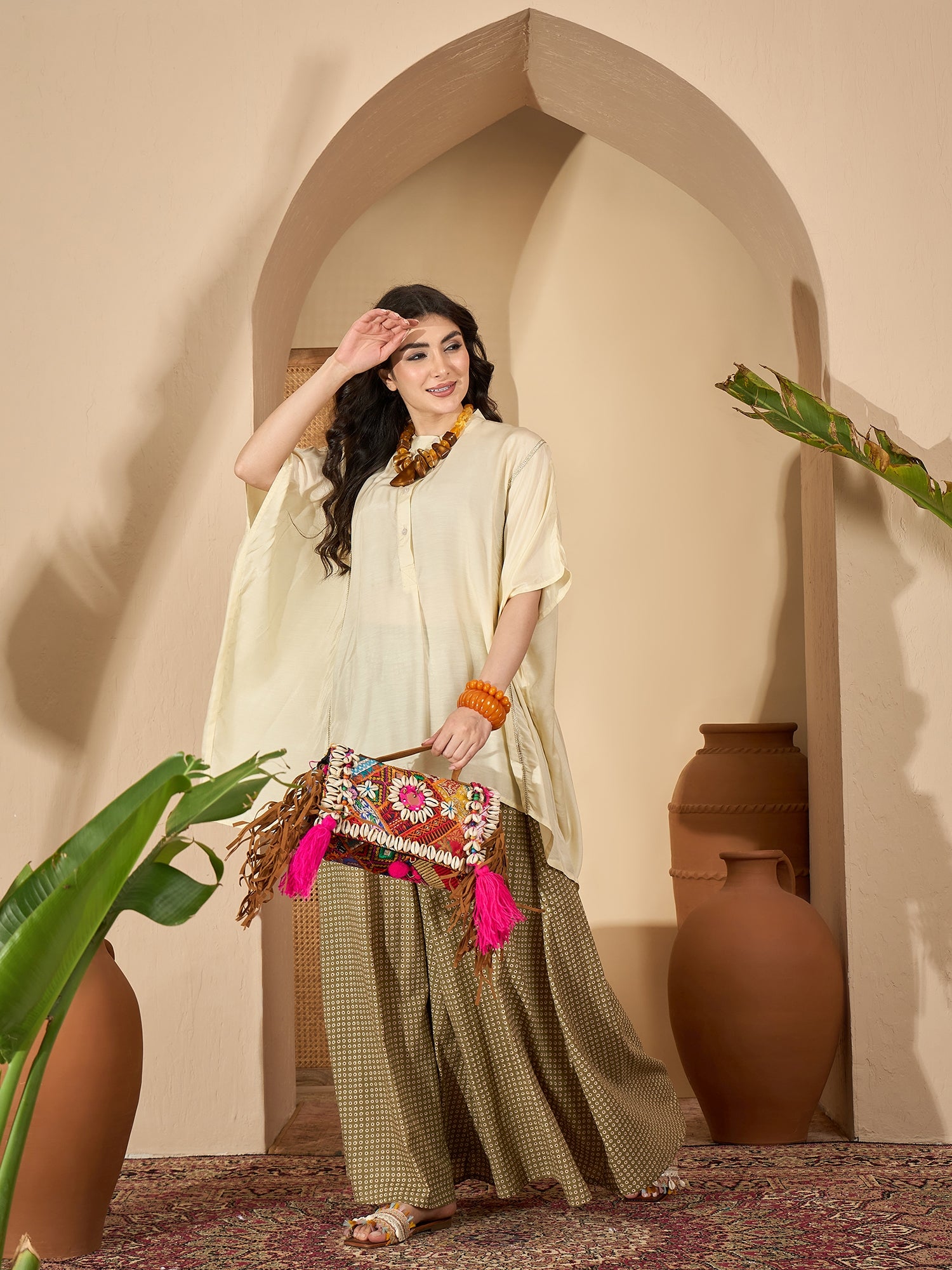 Cream Round Neck Viscose Rayon Co-ords Set for Women