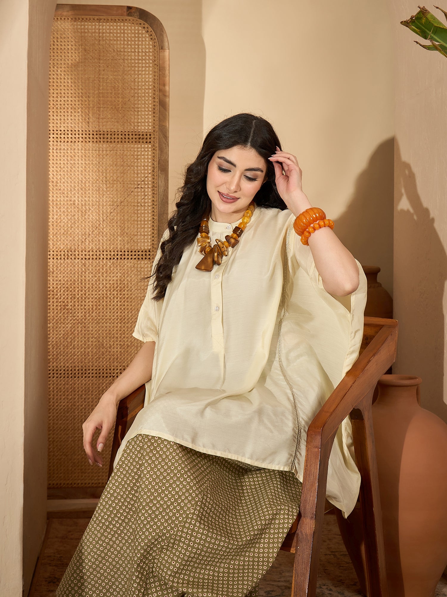 Cream Round Neck Viscose Rayon Co-ords Set for Women