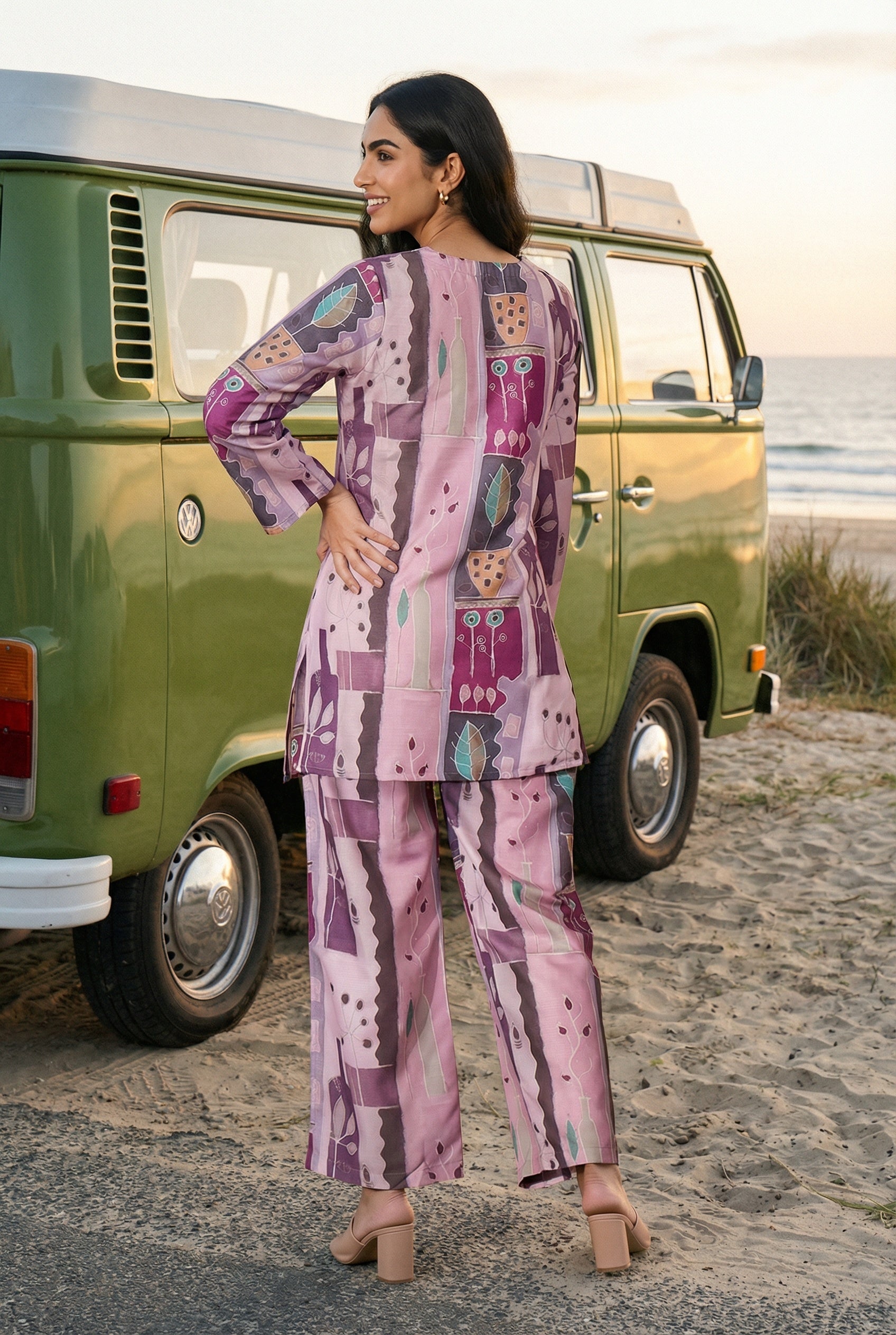Multi Color Geometric Print Round Neck Linen Co-Ord Set For Women