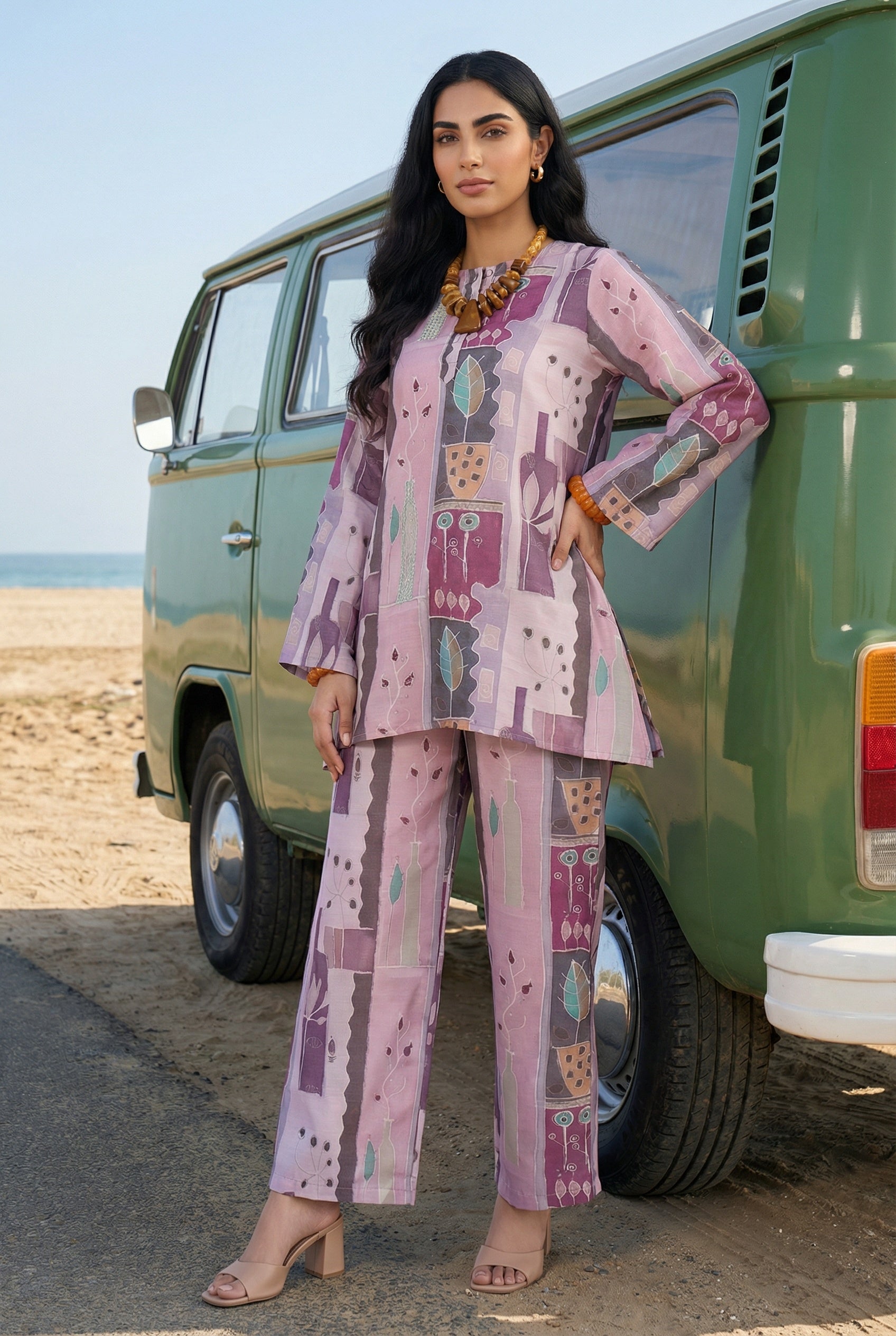Multi Color Geometric Print Round Neck Linen Co-Ord Set For Women