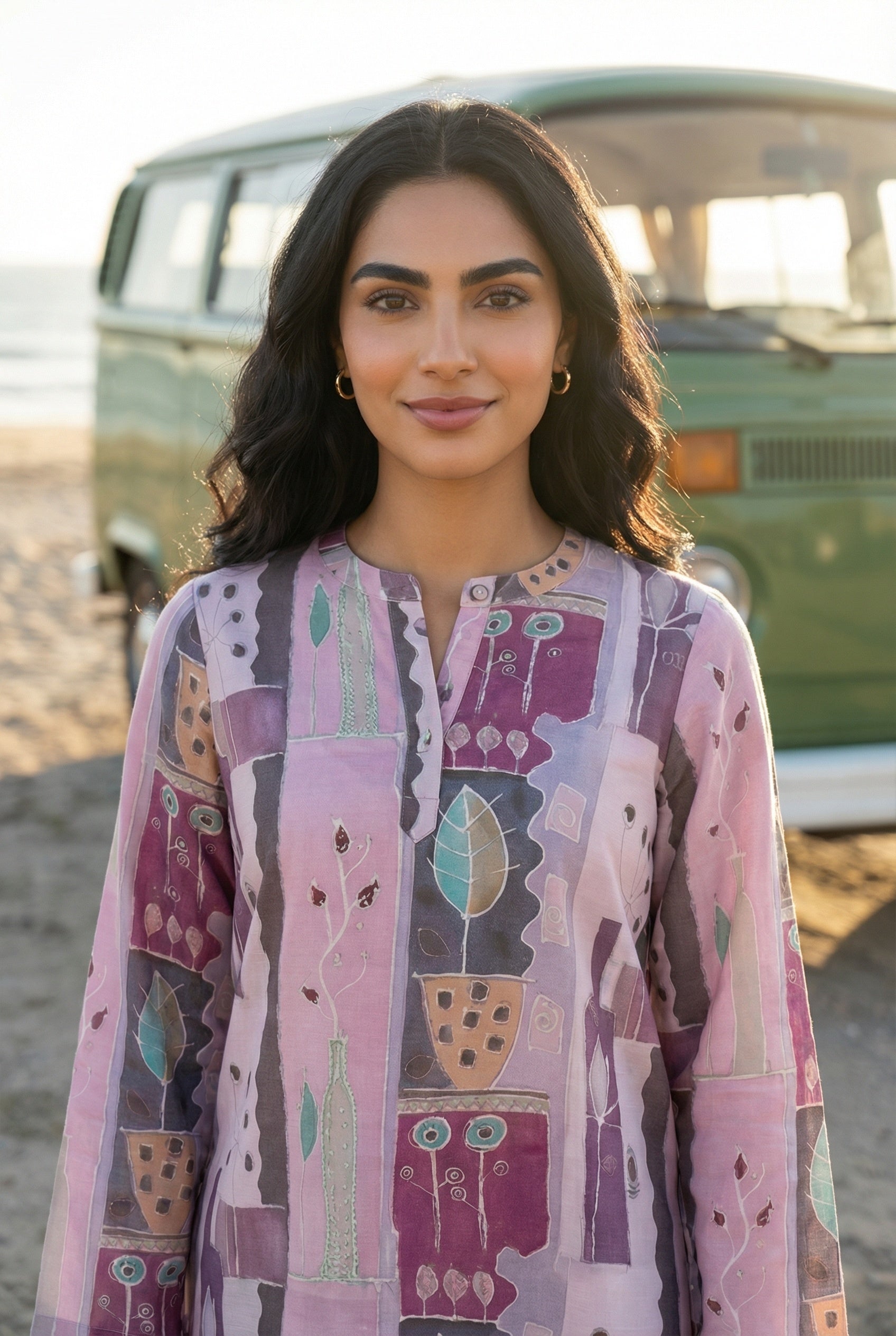 Multi Color Geometric Print Round Neck Linen Co-Ord Set For Women