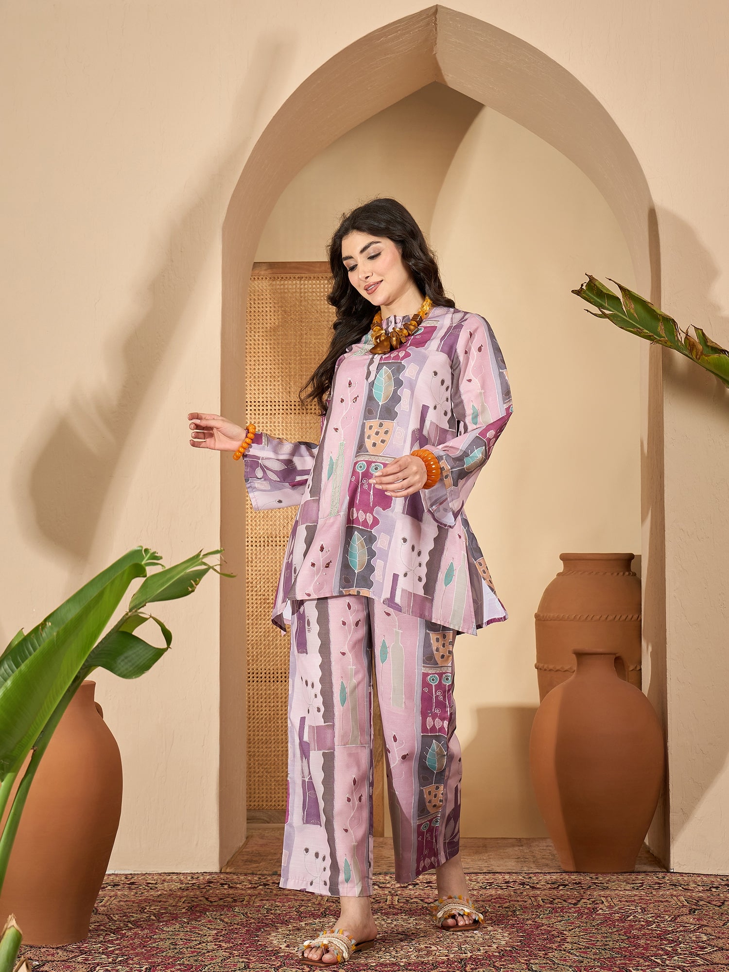 Multi Round Neck Linen Co-ords Set for Women