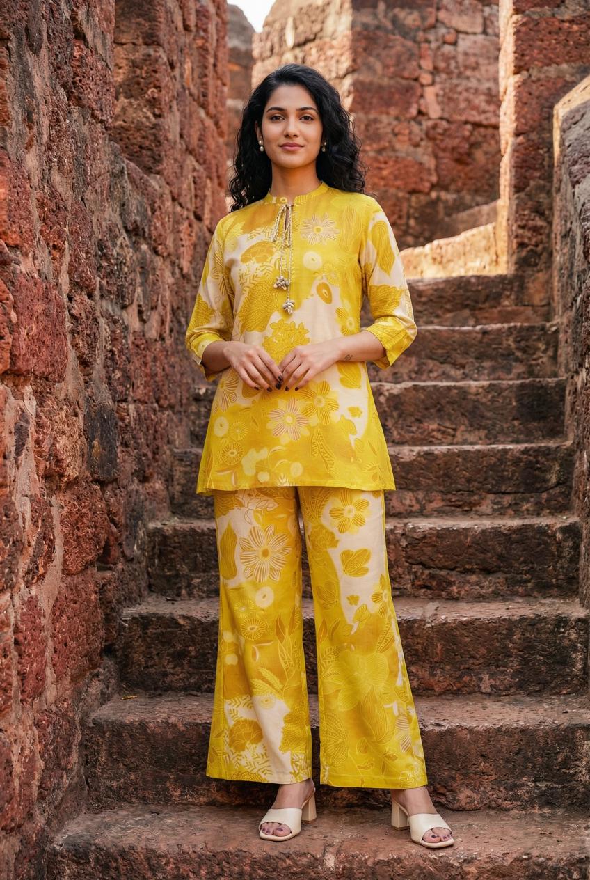 Yellow Floral Print Round Neck Silk Blend Straight Kurta Set For Women