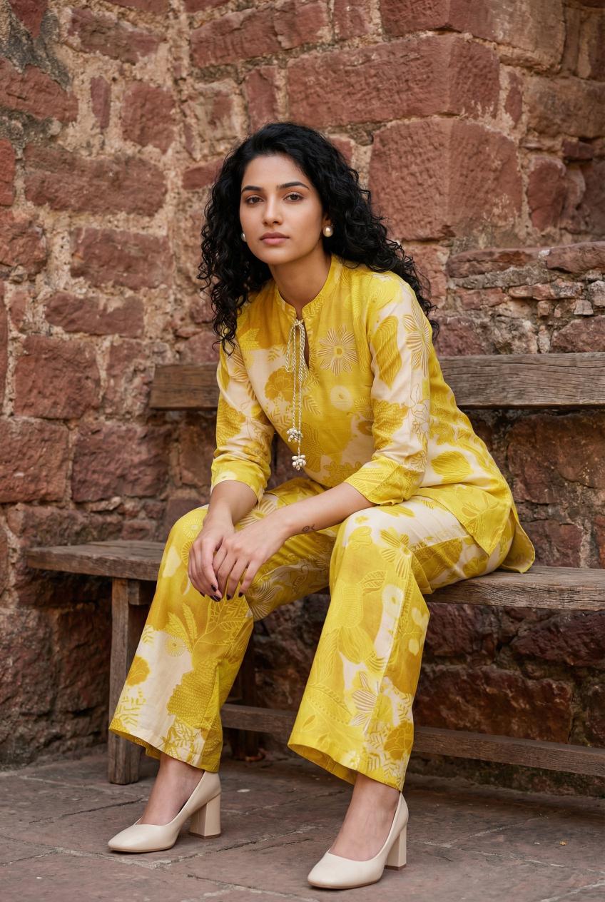 Yellow Floral Print Round Neck Silk Blend Straight Kurta Set For Women