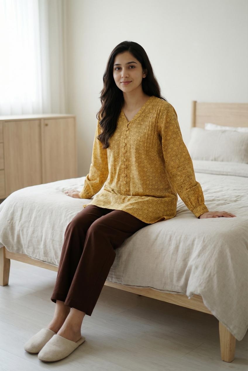 Yellow Floral Print V Neck Top With Trousers Set