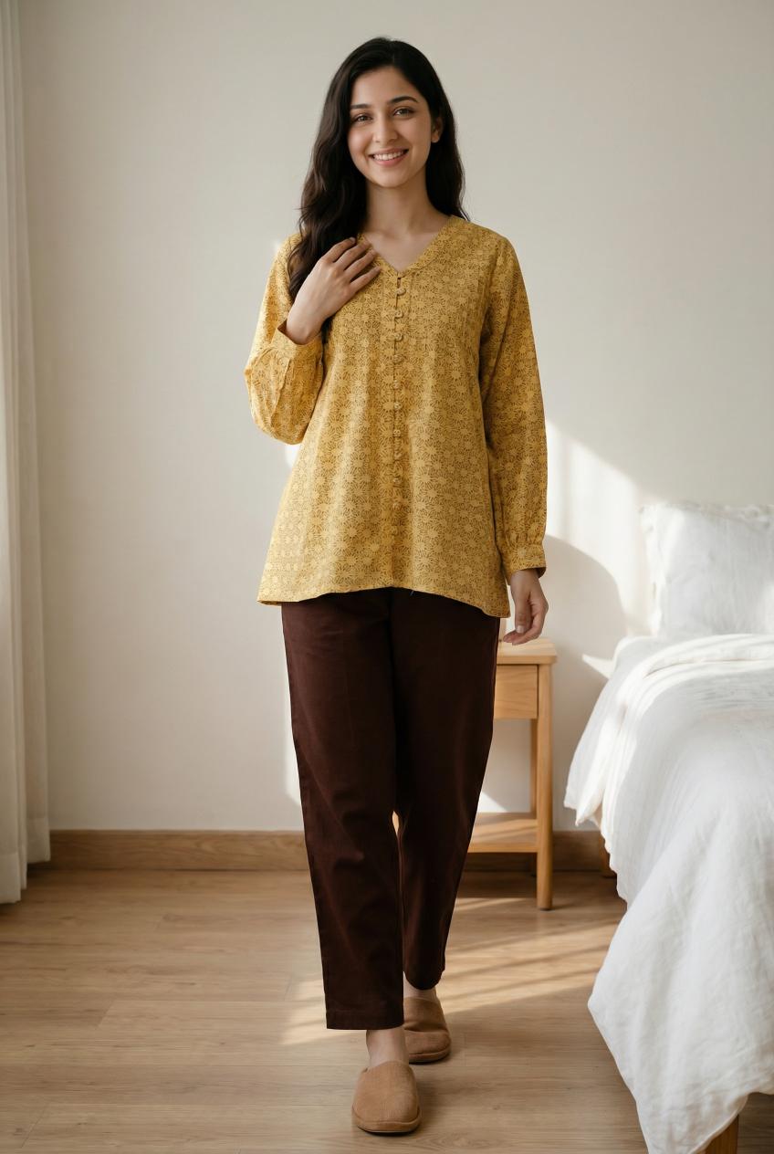 Yellow Floral Print V Neck Top With Trousers Set