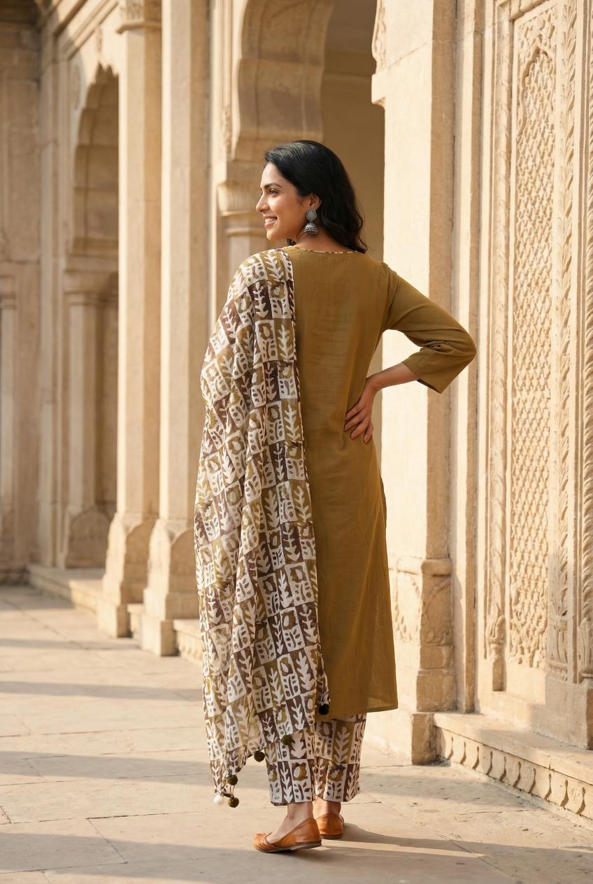 Mustered Round Neck Solid Print Cotton Kurta Set For Women