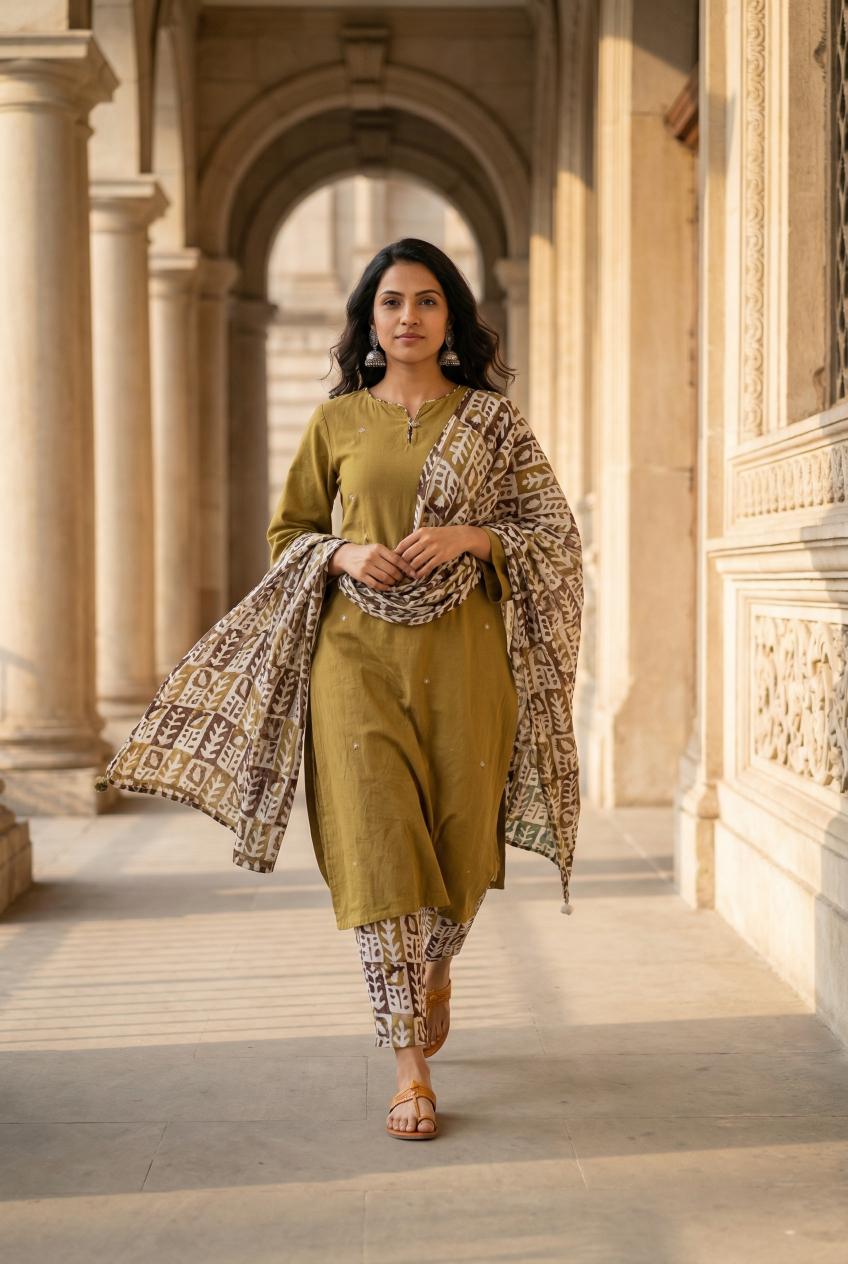 Mustered Round Neck Solid Print Cotton Kurta Set For Women