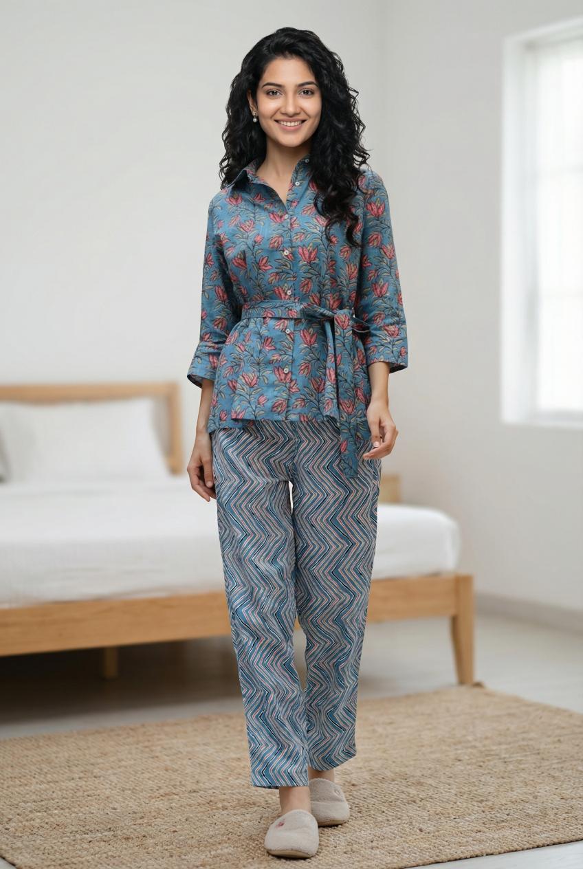 Blue Floral Print Shirt Collar Pure Cotton Top Trousers Set