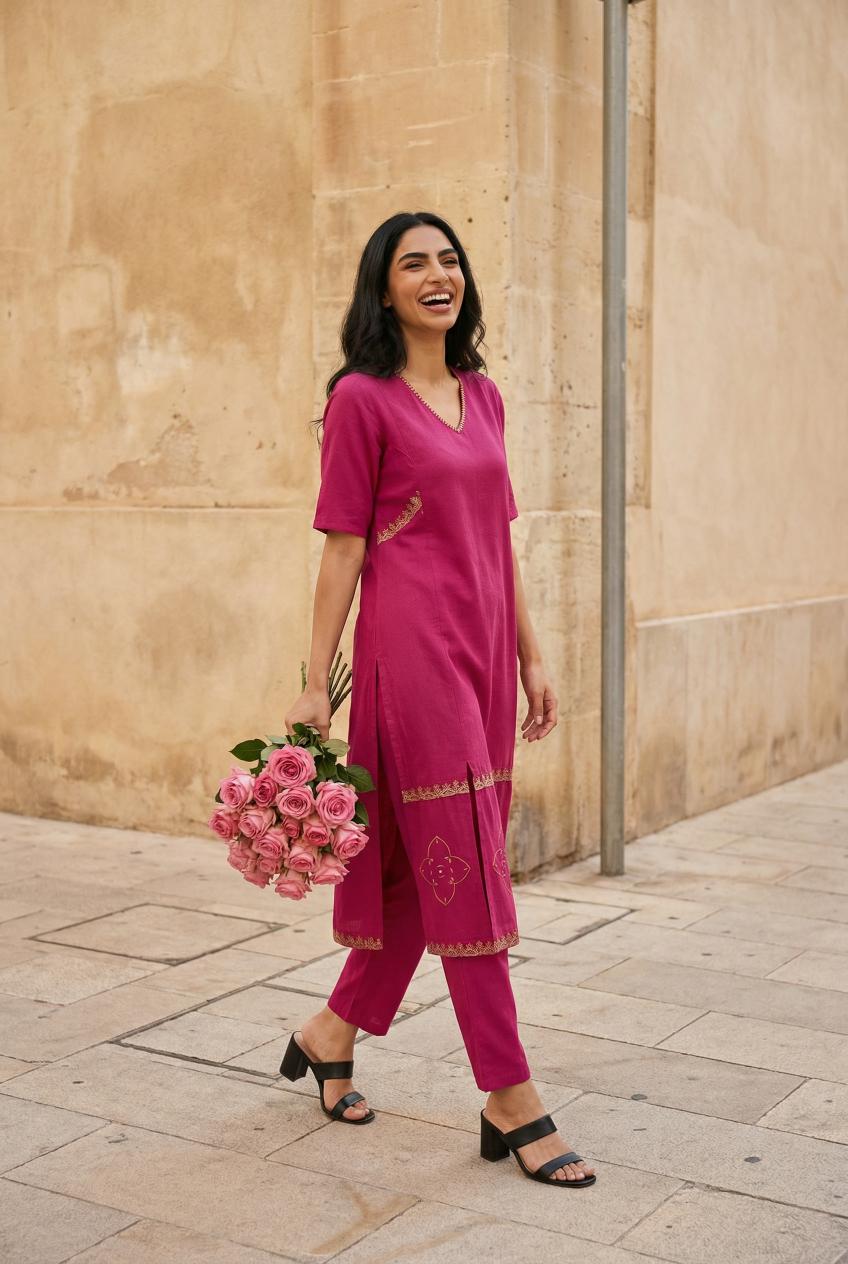 Pink V-Neck Pure Cotton Kurta Set For Women