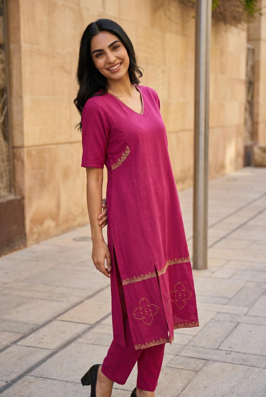 Pink V-Neck Pure Cotton Kurta Set For Women