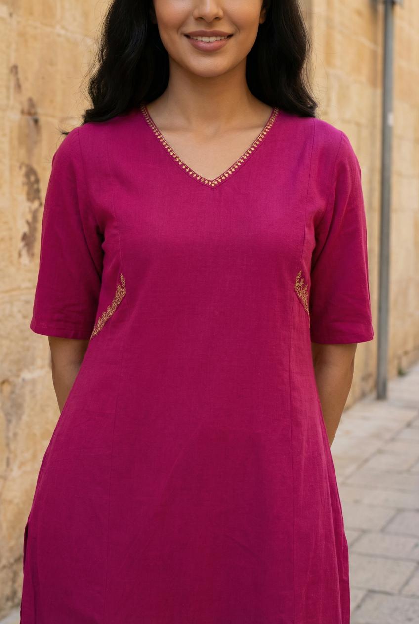 Pink V-Neck Pure Cotton Kurta Set For Women