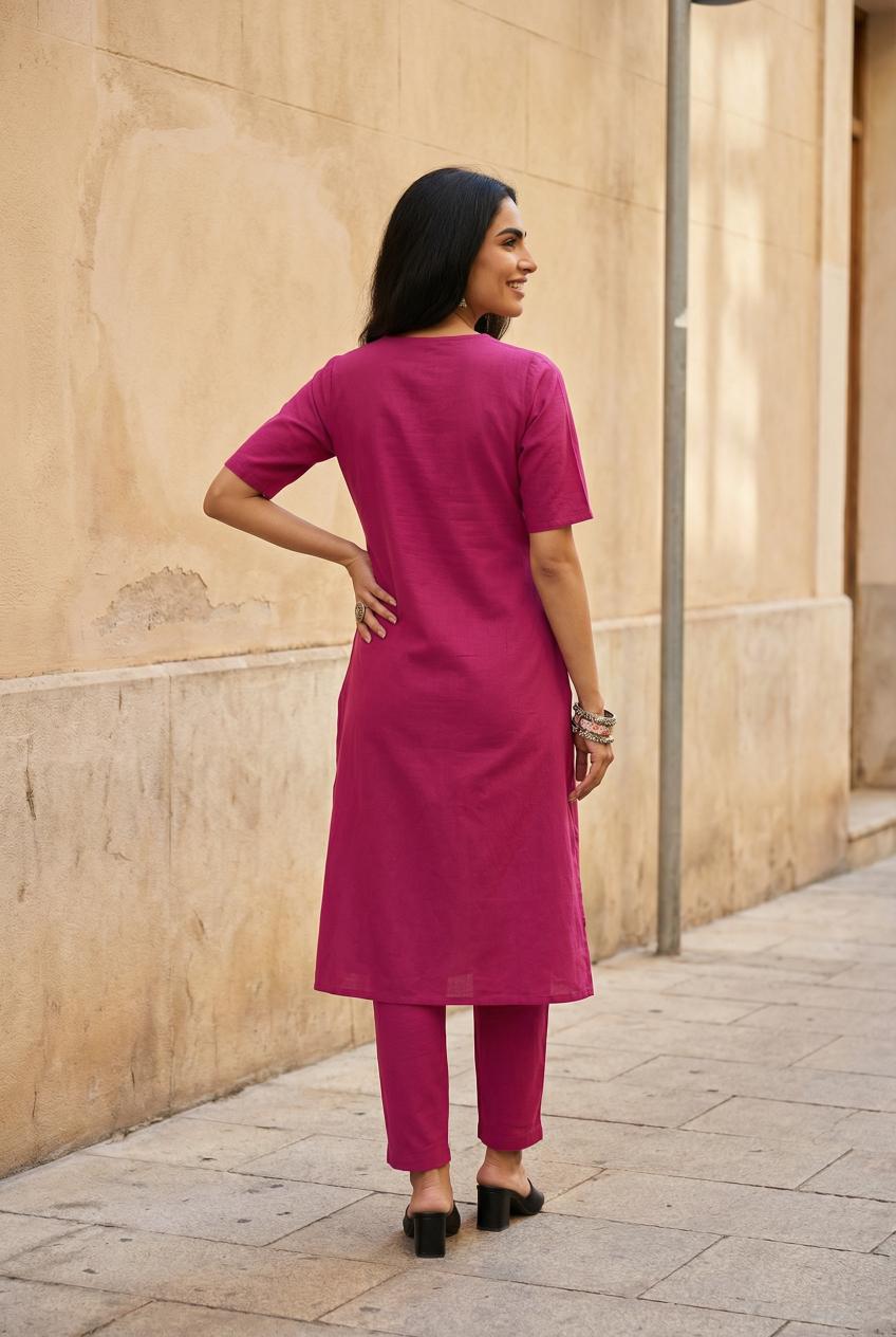 Pink V-Neck Pure Cotton Kurta Set For Women