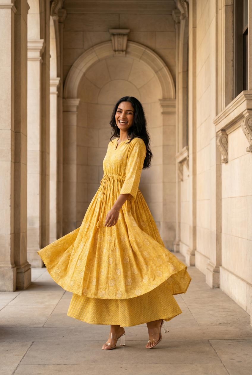 Yellow Ethnic Motifs Printed Pure Cotton Kurta Set For Women