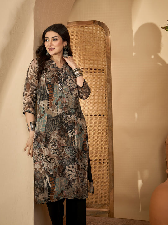 Grey Printed Mandarin Collar Pure Cotton Kurta Set for Women