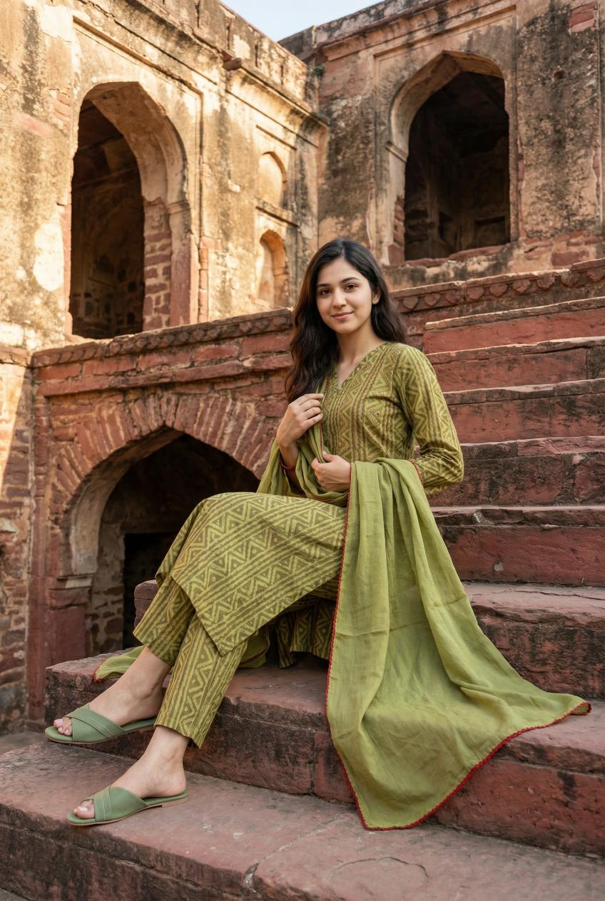 Green V-Neck Geometric Print Kurta Set For Women