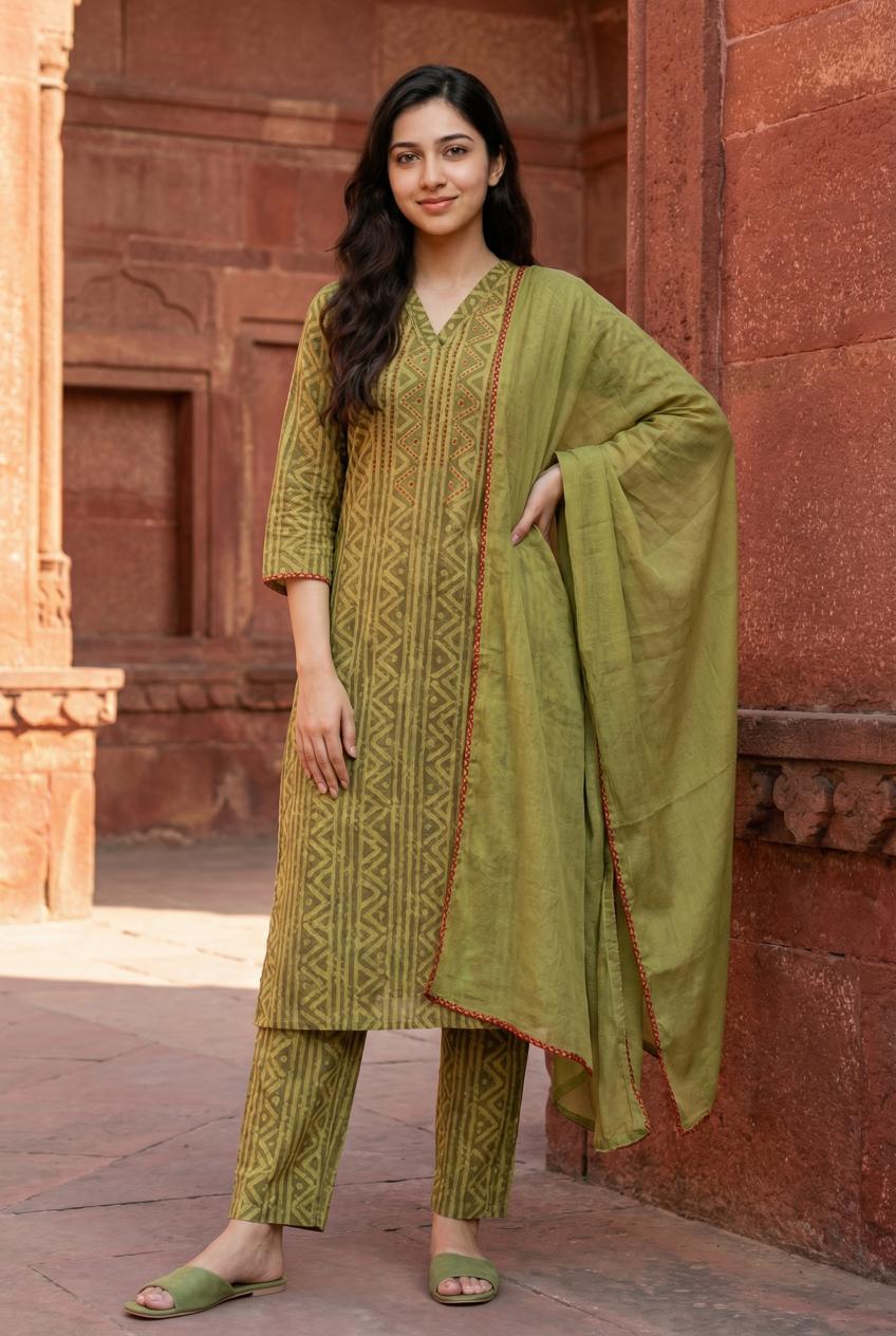 Green V-Neck Geometric Print Kurta Set For Women