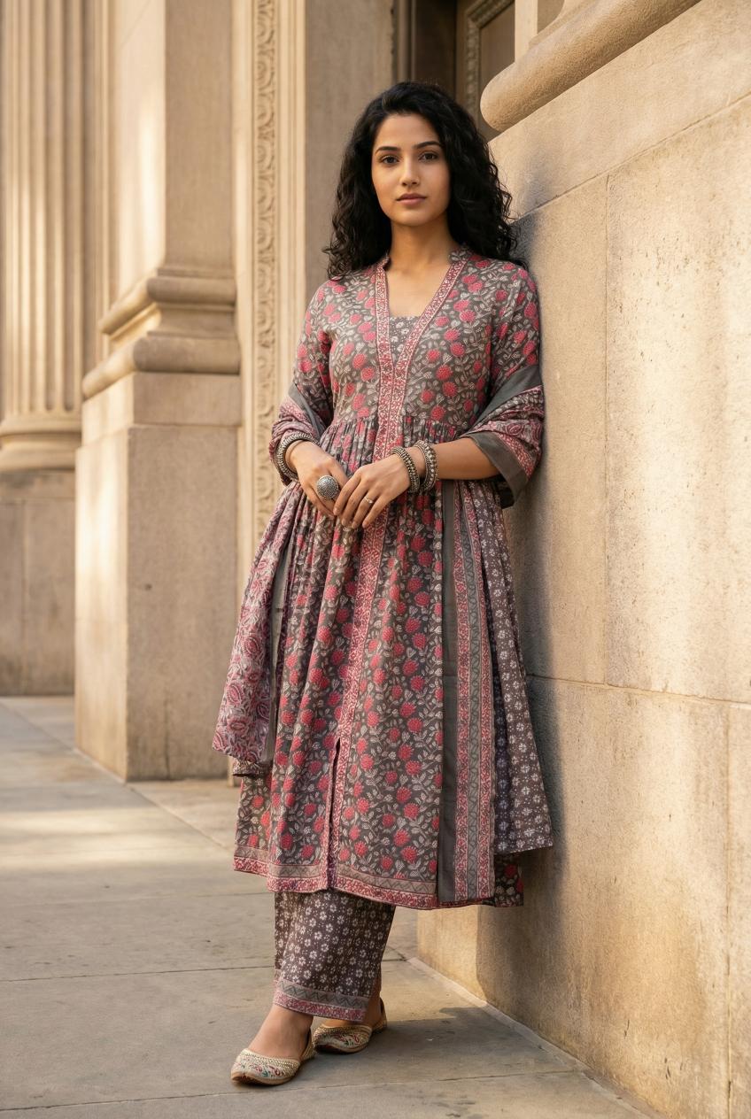 Green Floral Printed Pure Cotton A-Line Kurta With Trousers & Dupatta