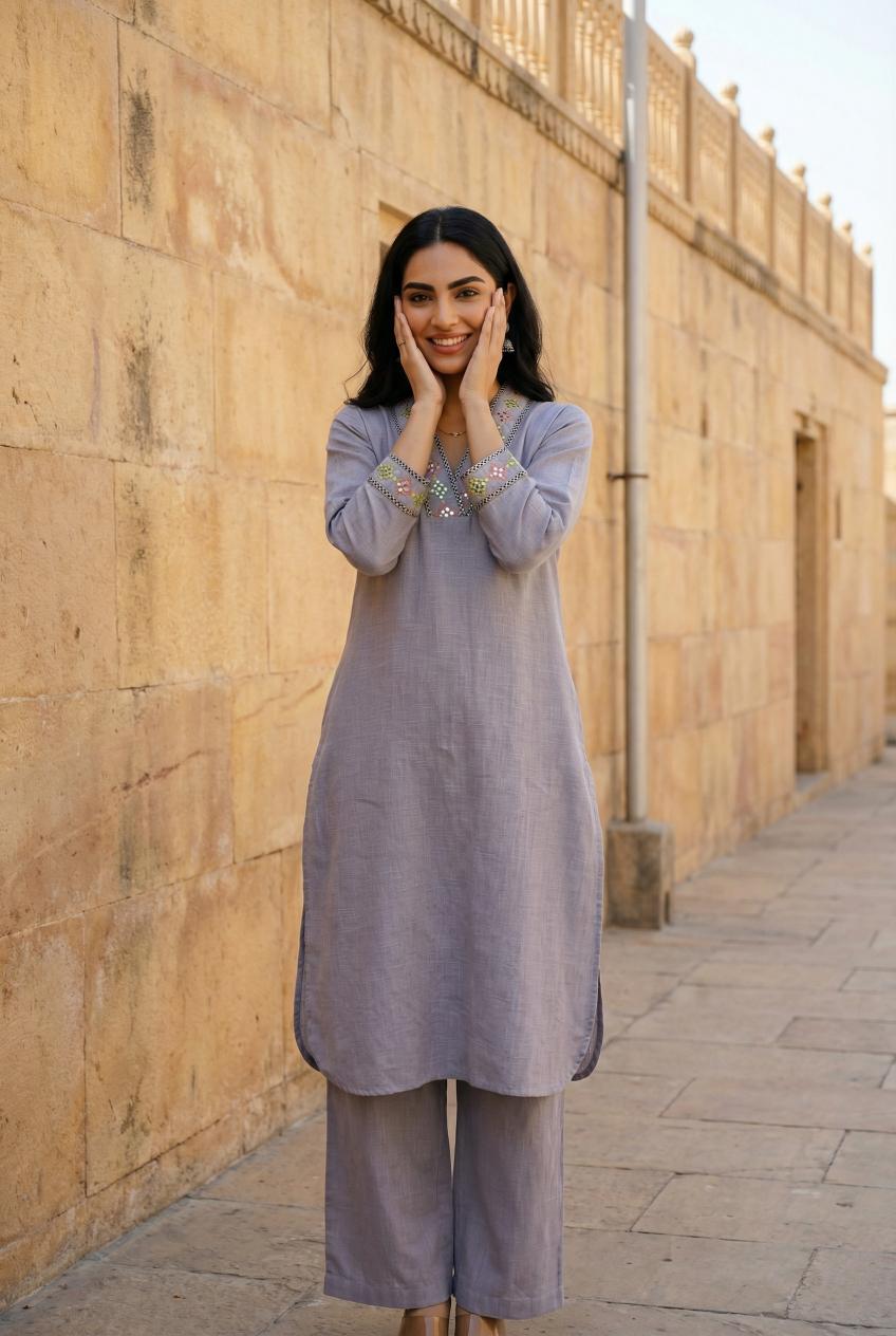 Lavender V-Neck Embroidered Mirror Work Pure Cotton Kurta Set For Women