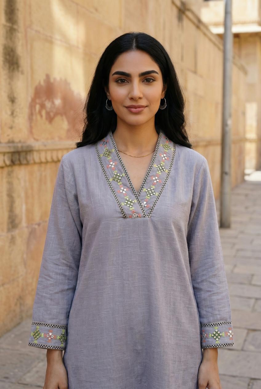 Lavender V-Neck Embroidered Mirror Work Pure Cotton Kurta Set For Women