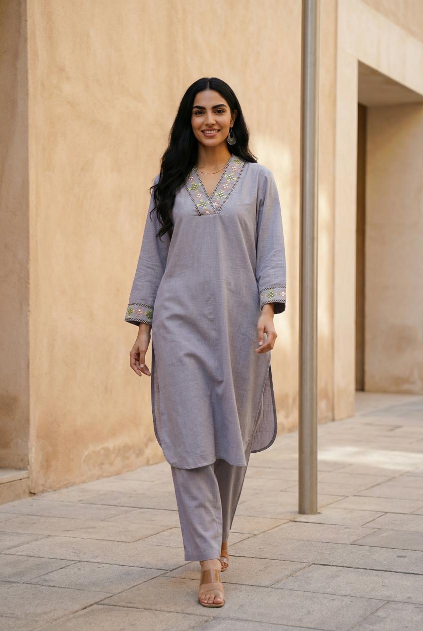 Lavender V-Neck Embroidered Mirror Work Pure Cotton Kurta Set For Women