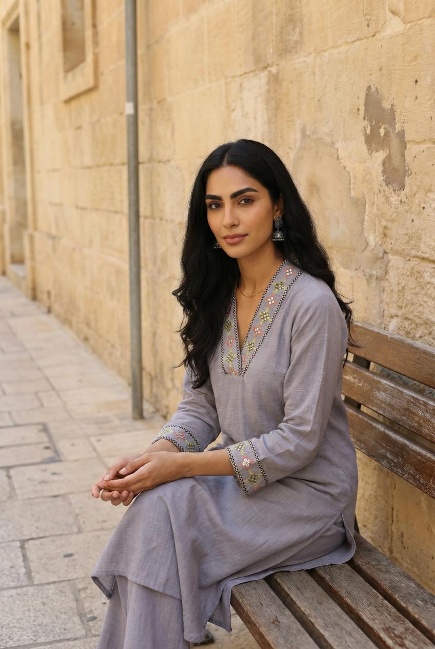 Lavender V-Neck Embroidered Mirror Work Pure Cotton Kurta Set For Women