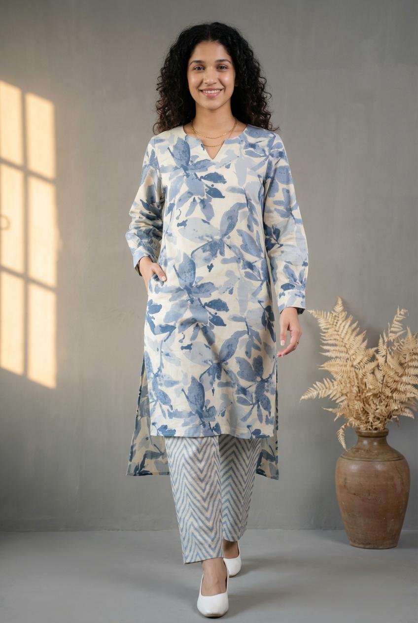 White Floral Print Kurta Set For Women