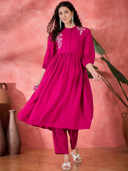 Pink Viscose Rayon Knee Length Round Neck Kurta set for Women
