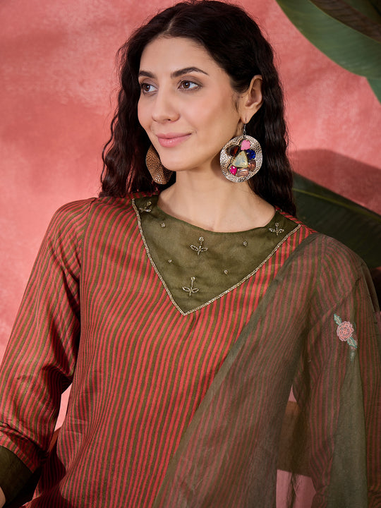 Brown Viscose Rayon Calf Length Round Neck Kurta set for Women