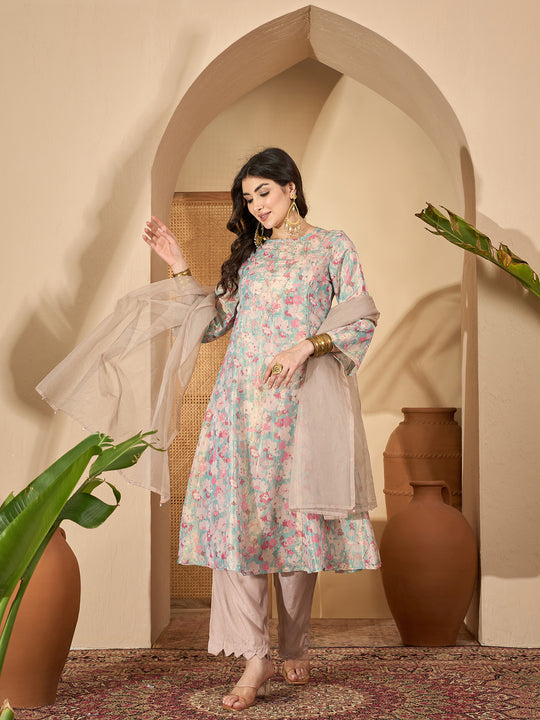 Sea Green Printed Round Neck Viscose Rayon Kurta Set for Women