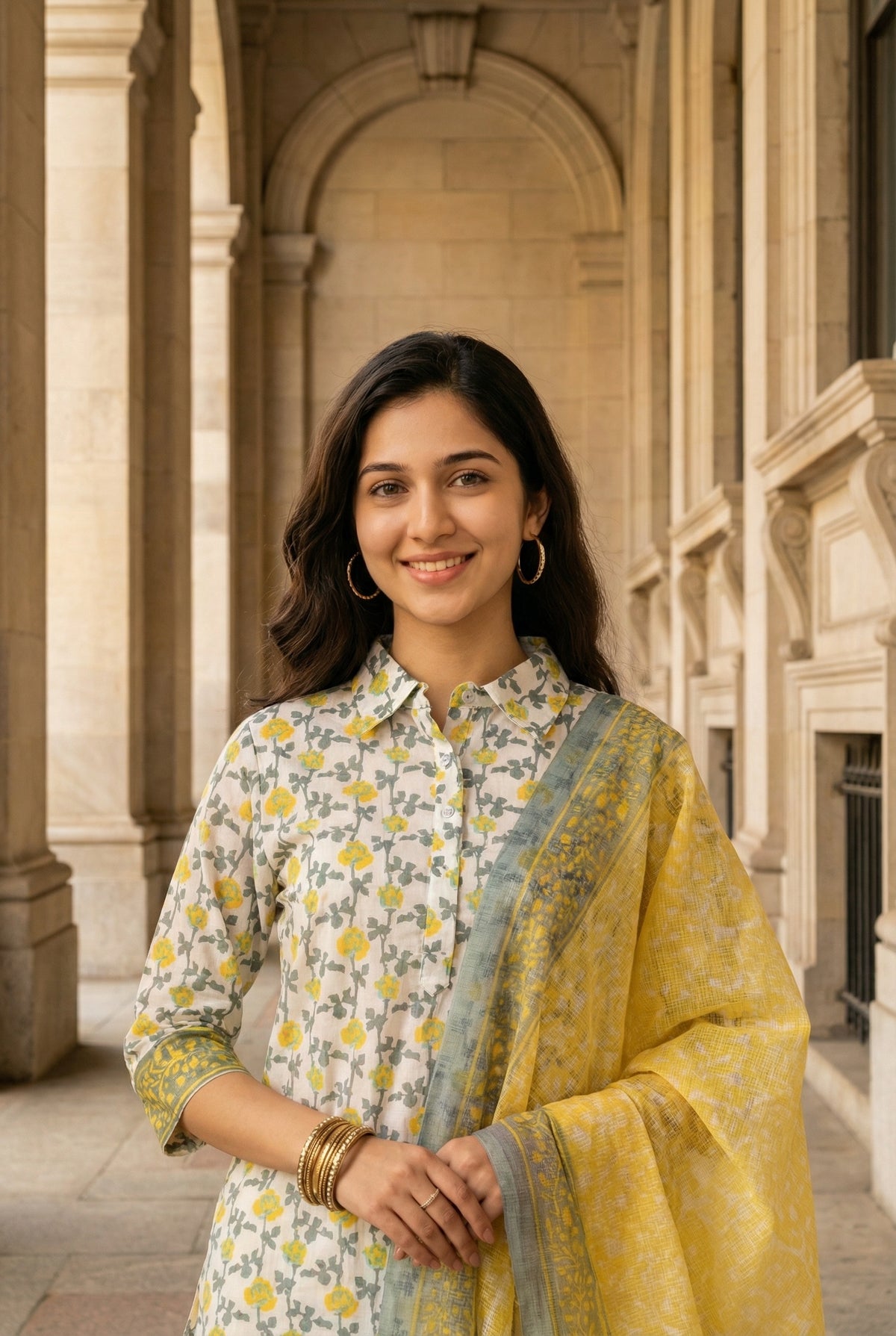 Off White  Floral Print Cotton Kurta Set With Dupatta